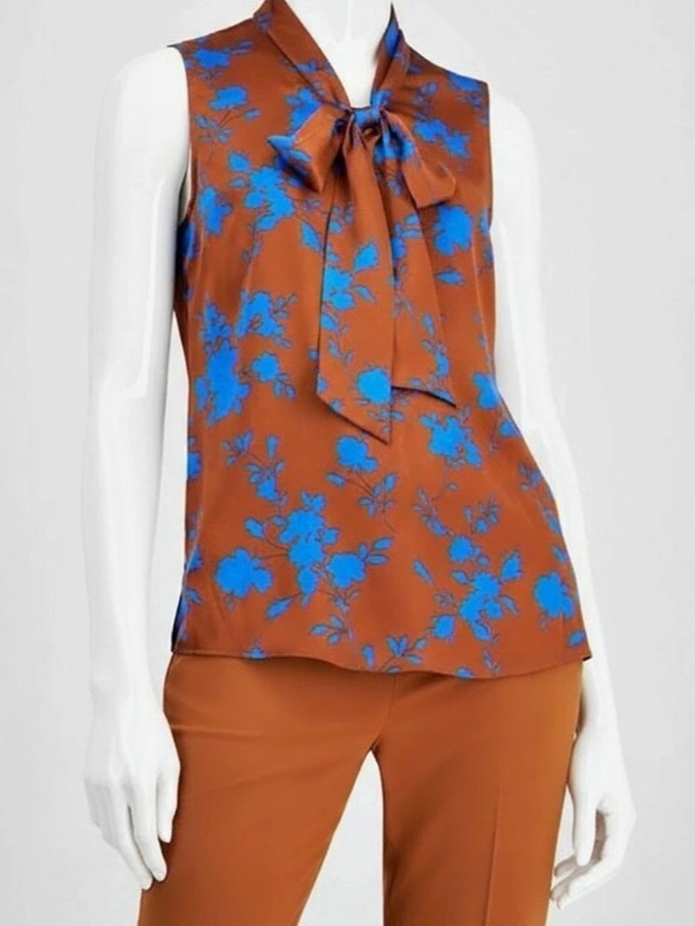 Tahari ASL Floral Bow Neck Sleeveless Charmeuse Top Floral Brown & Blue XS